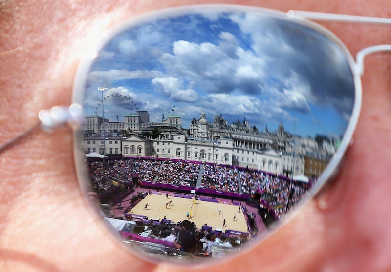 LONDON, ENGLAND - JULY 30:  The Beach Volleyball Center Court is reflected in sunglasses during Day 3 of the London 2012 Olympic Games at Horse Guards Parade on July 30, 2012 in London, England.  (Photo by Ryan Pierse/Getty Images)