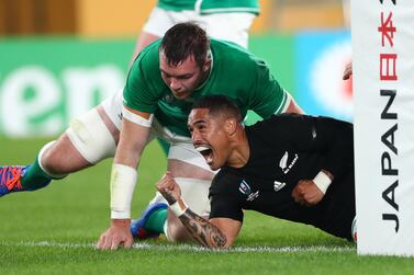 New Zealand's Aaron Smith celebrates his first try against Ireland on Saturday.Getty