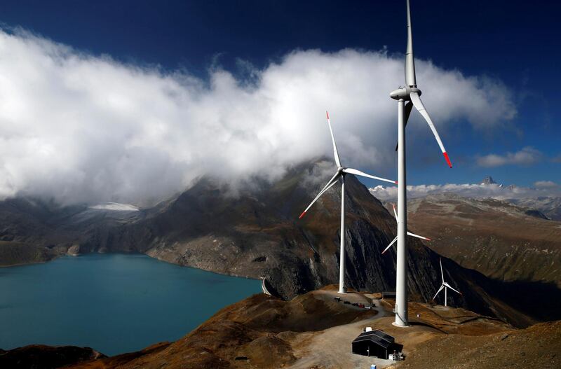 Wind turbines are pictured at Swisswinds farm, Europe's highest wind farm at 2500m, before the topping out ceremony near the Nufenen Path in Gries, Switzerland September 30, 2016. REUTERS/Denis Balibouse