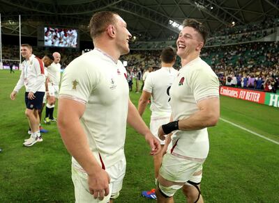 OITA, JAPAN - OCTOBER 19:   Tom Curry (R) of England celebrates with team mate Sam Underhill after their victory during the Rugby World Cup 2019 Quarter Final match between England and Australia at Oita Stadium on October 19, 2019 in Oita, Japan. (Photo by David Rogers/Getty Images,)