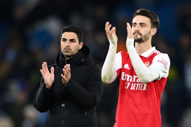 Mikel Arteta applauds fans at the Etihad Stadium. Getty