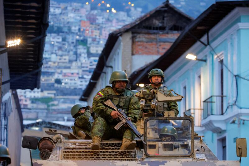 Soldiers patrol Quito’s historic centre where violence broke out after President Daniel Noboa declared a 60-day state of emergency in Ecuador, following the disappearance of Adolfo Macias, leader of the Los Choneros criminal gang, from the jail where he was serving 34 years. Reuters