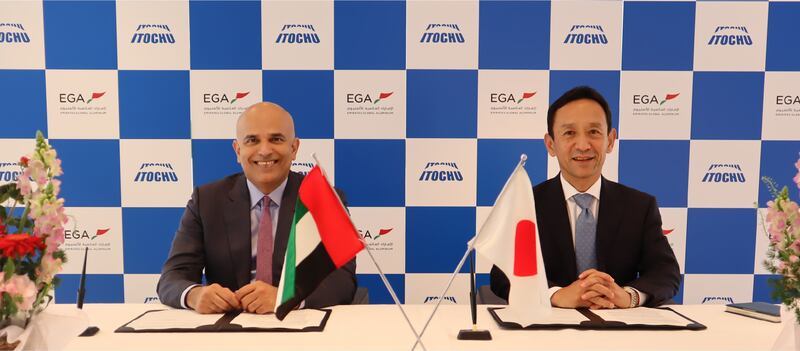 Abdulnasser bin Kalban, chief executive of Emirates Global Aluminium, and Kenji Seto, executive officer and president for metals and minerals of Itochu, at the signing of their new partnership. Photo: EGA
