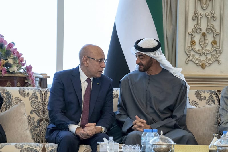 ABU DHABI, UNITED ARAB EMIRATES - February 03, 2020: HH Sheikh Mohamed bin Zayed Al Nahyan, Crown Prince of Abu Dhabi and Deputy Supreme Commander of the UAE Armed Forces (R) receives HE Mohamed Ould Abdel Aziz, President of Mauritania (L), during a Sea Palace barza.

( Rashed Al Mansoori / Ministry of Presidential Affairs )
---