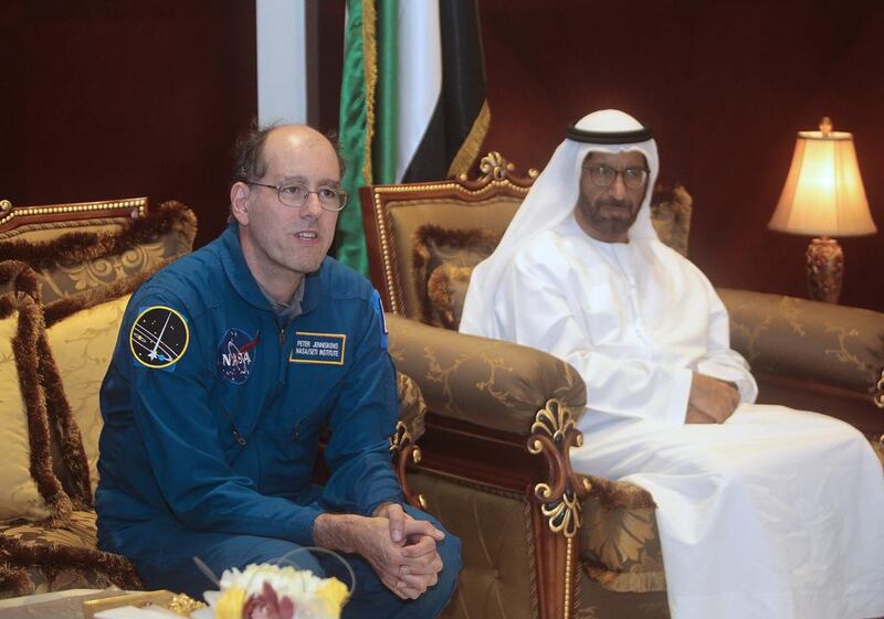 Peter Jenniskens, of Nasa, was participating in his first mission with the UAE Space Agency. Dr Khalifa Al Romaithi, chairman of the UAE Space Agency, sits alongside him. Jeffrey E Biteng / The National 