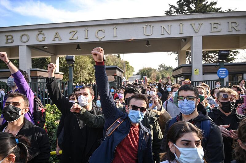 Students protest against the appointment of the new rector to Bogazici University. AFP