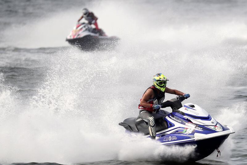 epa06965906 Ali Allanjawi (front) of United Arab Emirates Competes during JetSki Runabout Limited at the 2018 Asian Games in Jakarta, Indonesia, 23 August 2018. The 18th Asian Games Jakarta-Palembang 2018 will take place from 18 August until 02 September 2018 in Jakarta and Palembang.  EPA/BAGUS INDAHONO