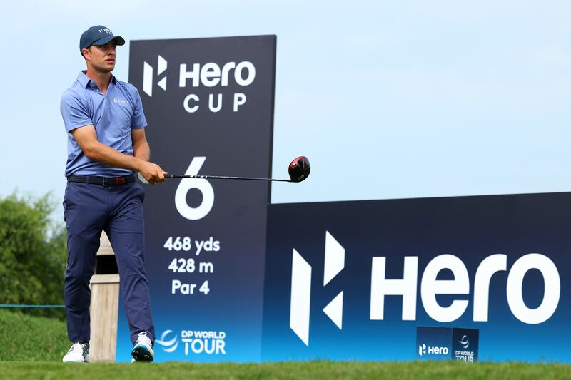 Continental Europe's Guido Migliozzi tees off on the sixth hole during his 4&3 win over Richard Mansell. Getty