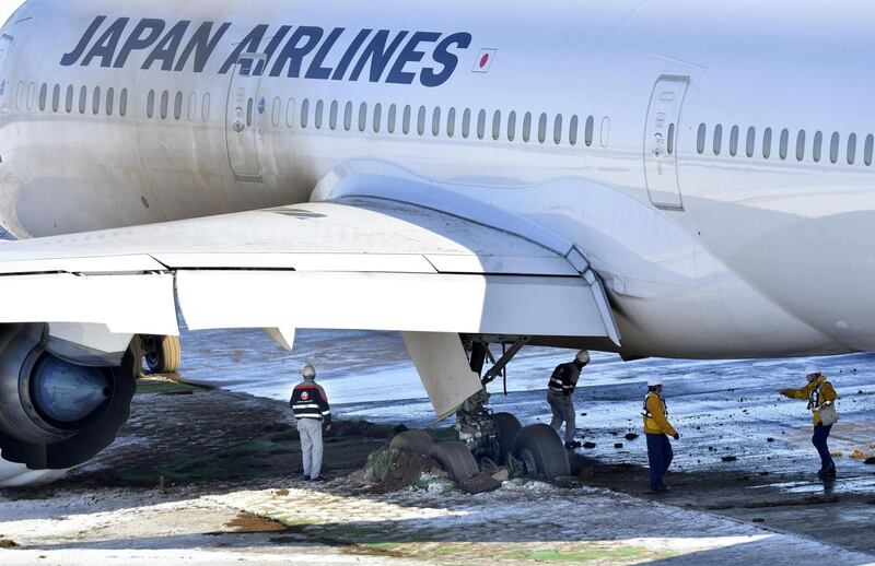 A Japan Airlines Boeing 787-9 Dreamliner plane that ran off a taxiway after landing is seen at Narita international airport in Narita, east of Tokyo, Japan, in this aerial view photo taken by Kyodo February 1, 2019. Mandatory credit Kyodo/via REUTERS ATTENTION EDITORS - THIS IMAGE WAS PROVIDED BY A THIRD PARTY. MANDATORY CREDIT. JAPAN OUT. NO COMMERCIAL OR EDITORIAL SALES IN JAPAN.