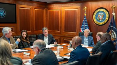 President Joe Biden meets members of his National Security team during Iran's missile and drone attacks on Israel. AP