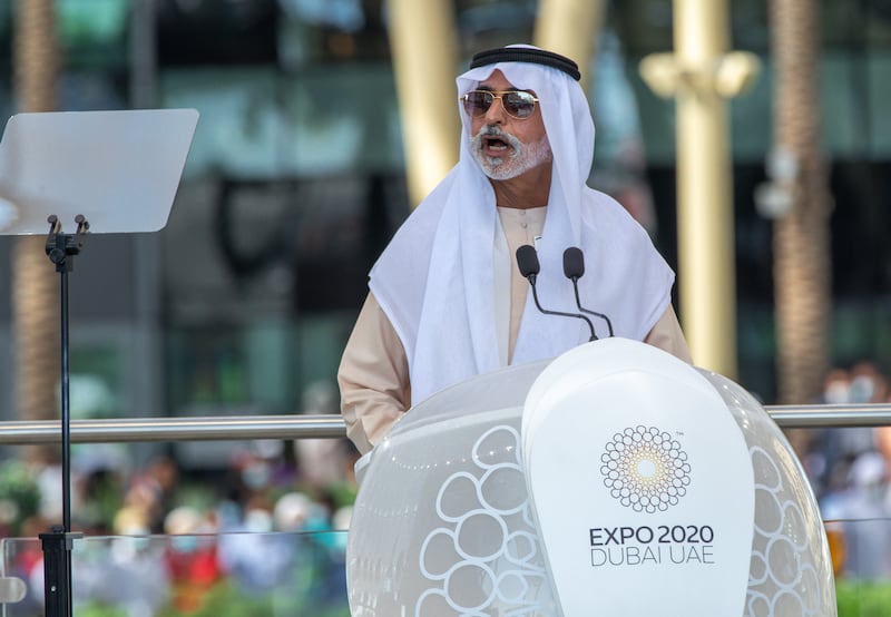 Sheikh Nahyan bin Mubarak, Minister of Tolerance and Coexistence  and commissioner general of Expo 2020 Dubai, speaks after the flag-raising ceremony at Al Wasl Plaza. Victor Besa / The National