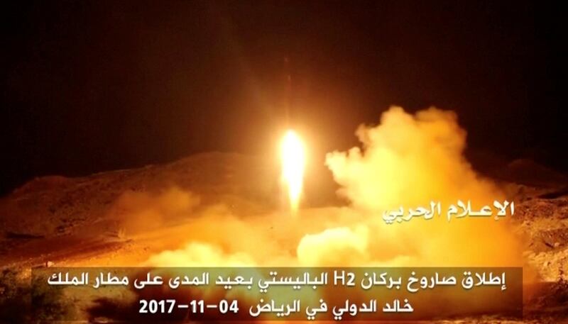 A still image taken from a video distributed by Yemen's pro-Houthi Al Masirah television station on November 5, 2017, shows what it says was the launch by Houthi forces of a ballistic missile aimed at Riyadh's King Khaled Airport on Saturday, Houthi Military Media Unit via REUTERS TV     TPX IMAGES OF THE DAY