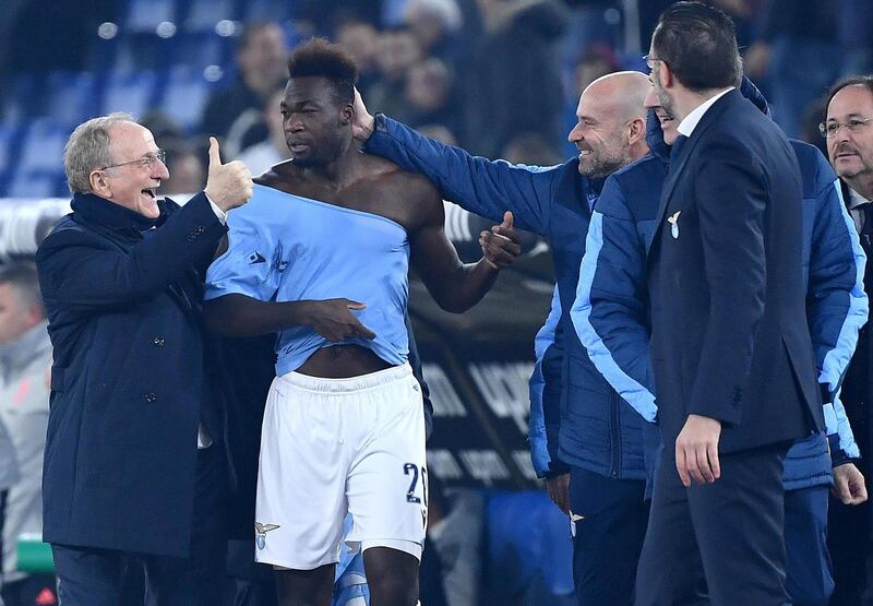 Lazio's Felipe Caicedo celebrates with his teammates after scoring to make it 3-1. EPA