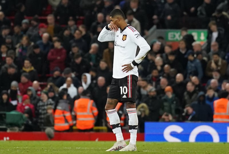 Manchester United's Marcus Rashford looks dejected after Liverpool's Darwin Nunez scored their side's fifth goal. PA