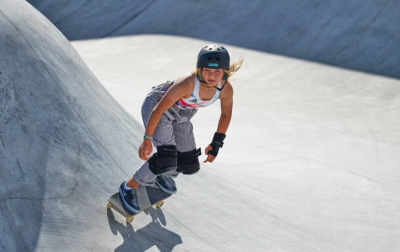 Sky Brown from Great Britain during women's park skateboard at the Olympics at Ariake Urban Park, Tokyo, Japan.