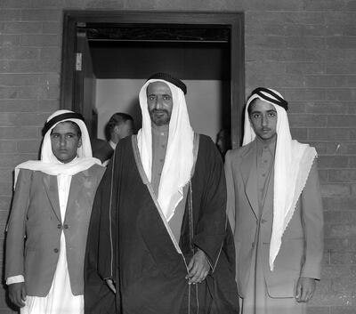 Sheikh Rashid bin Saeed Al Maktoum and his sons Sheikh Handan (left) and Sheikh Maktum (right) at London Airport after arriving for a visit as guests of the British Government.   (Photo by PA Images via Getty Images)