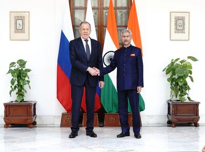 Russia's Foreign Minister Sergey Lavrov and India's Foreign Minister Subrahmanyam Jaishankar on the sidelines of the G20 foreign ministers' meeting in New Delhi. Reuters