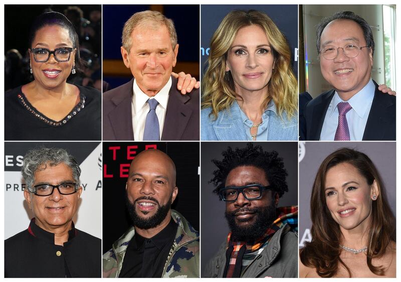 This combination photo shows, top row from left, media mogul Oprah Winfrey, former President George W. Bush, actress Julia Robert and musician Yo-Yo Ma, bottom row from left, guru Deepak Chopra, rapper Common, musician Questlove, and actress Jennifer Garner, who are among the participants in the 24-hour livestream event, The Call to Unite, beginning Friday, May 1 at 8 p.m. EDT. (AP Photo)
