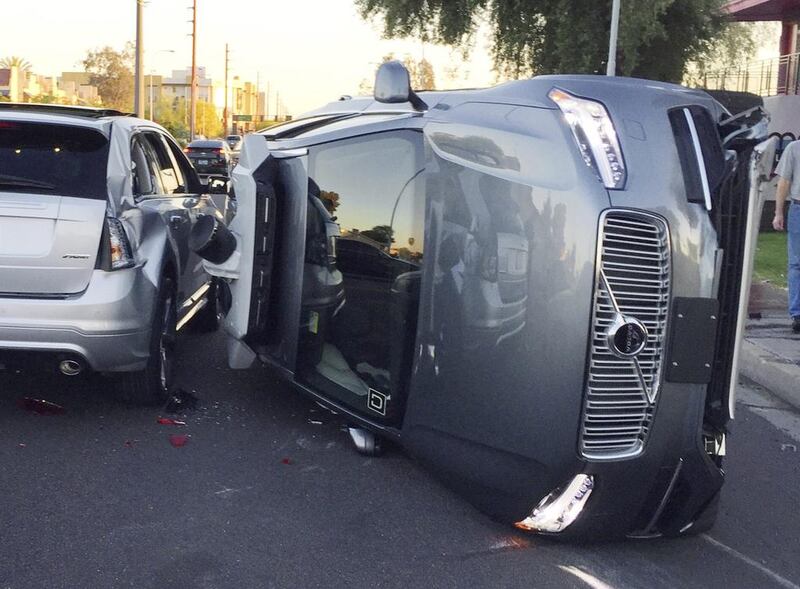 The Uber self-driving 4x4 that was in a collision in Arizona at the weekend. Uber said its driverless fleet was now operating again. Courtesy : Tempe Police Department