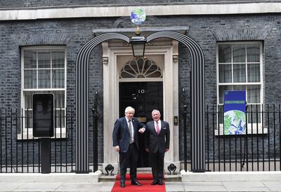 Britain's Prime Minister Boris Johnson (L) welcomes Jordan's King Abdullah II (R), at 10 Downing Street in London, Britain, 28 October 2021.   EPA / FACUNDO ARRIZABALAGA