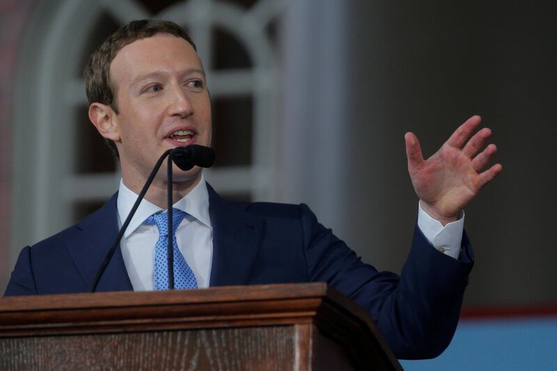 FILE PHOTO: Facebook founder Mark Zuckerberg speaks during the Alumni Exercises following the 366th Commencement Exercises at Harvard University in Cambridge, Massachusetts, U.S., May 25, 2017.   REUTERS/Brian Snyder/File Photo