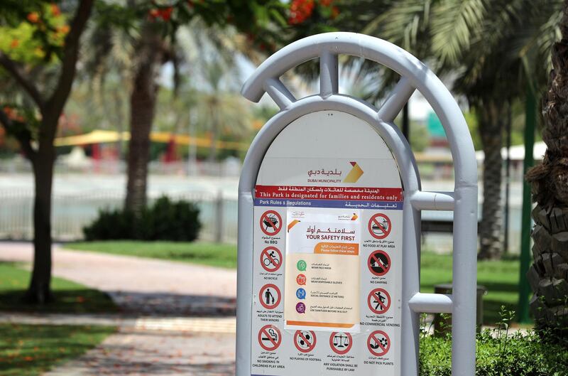 Dubai, United Arab Emirates - Reporter: N/A: Coronavirus / Covid-19. More parks to reopen in Dubai on Monday. A sign at Al Barsha Park shows the new rules. Sunday, May 17th, 2020. Dubai. Chris Whiteoak / The National