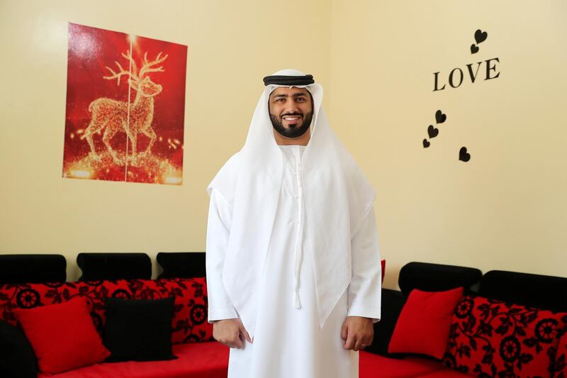 AJMAN,  UNITED ARAB EMIRATES , May 12 – 2019 :- Abdulaziz Humaid, Emirati benefited from the initiative “Form an Emirati Family” to encourage Emiratis to marry other Emiratis by taking care of the wedding fees at his home in Ajman. ( Pawan Singh / The National ) For News. Story by Ruba
