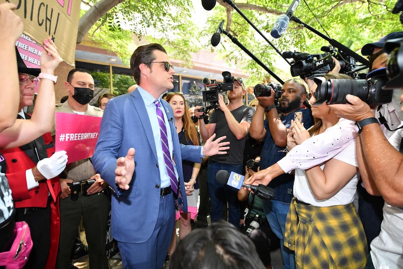 US Representative Matt Gaetz joins fans and supporters of Britney Spears as they gather outside the Los Angeles County Courthouse in Los Angeles.