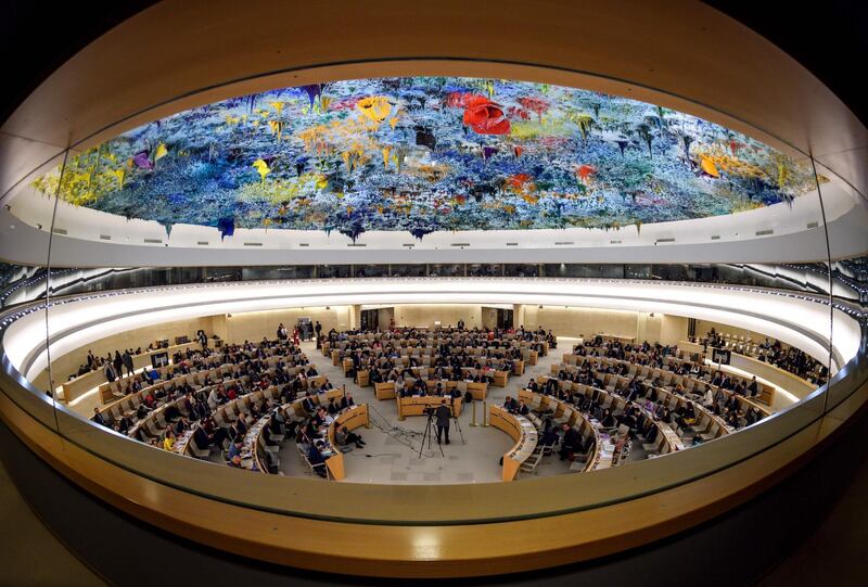 TOPSHOT - General view of the United Nations (UN) Human Rights Council during the presentation of report by the Commission of Inquiry on Syria, on March 13, 2018 in Geneva.
Syria enters its eighth year of war on March 15, 2018 free of the jihadist "caliphate" but torn apart by an international power struggle as the regime presses its blistering reconquest. / AFP PHOTO / Fabrice COFFRINI