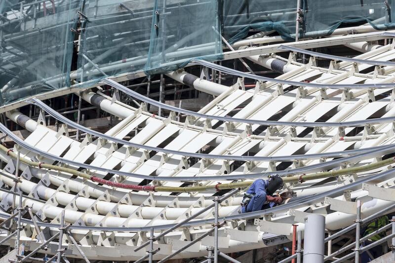 DUBAI, UNITED ARAB EMIRATES. 01 MARCH 2021. Construction work continueing at full scale on the Italian Pavilion at the Expo 2021 site in Dubai. (Photo: Antonie Robertson/The National) Journalist: Ramola Talwar. Section: National.