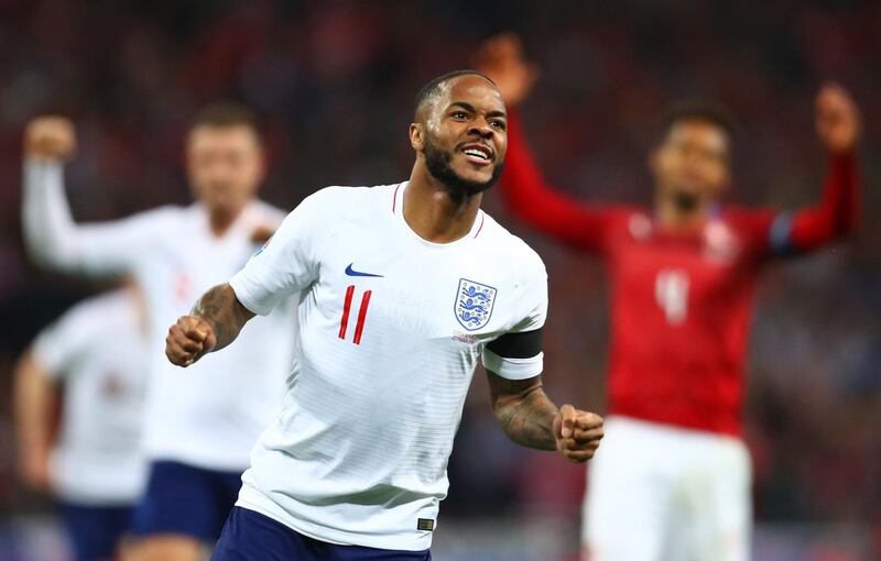 LONDON, ENGLAND - MARCH 22:  Raheem Sterling of England celebrates as he scores his team's fourth goal and completes his hat trick during the 2020 UEFA European Championships Group A qualifying match between England and Czech Republic at Wembley Stadium on March 22, 2019 in London, United Kingdom. (Photo by Clive Rose/Getty Images)