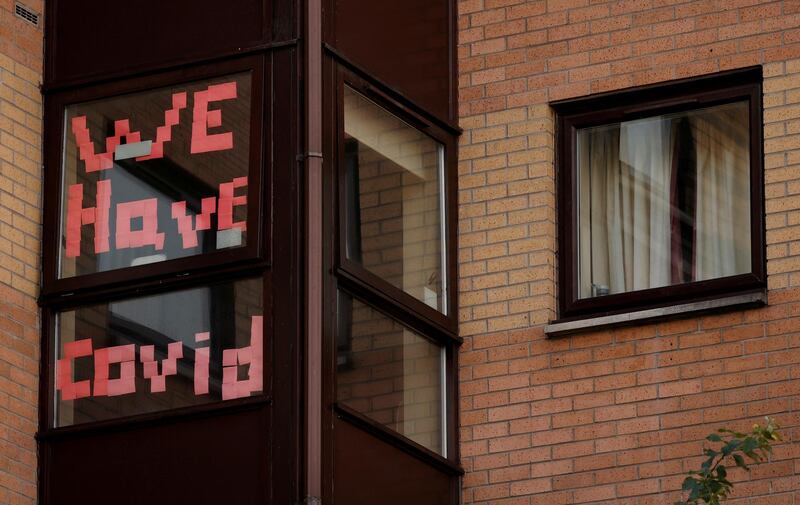 A sign is displayed in the window of a student accommodation building following the outbreak of the coronavirus disease (Covid-19) in Manchester. Reuters
