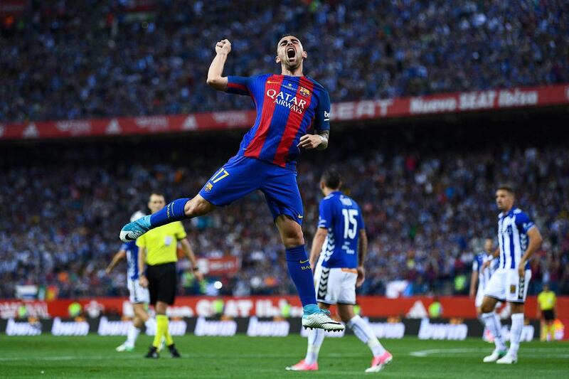 Barcelona’s Paco Alcacer scores his team’s third goal in a 3-1 win. David Ramos / Getty Images