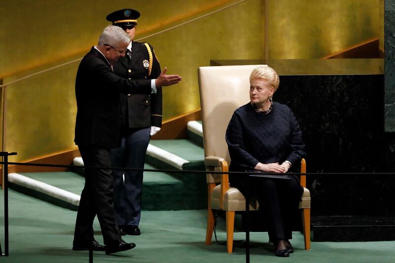 Lithuania's President Dalia Grybauskaite is invited to address the 73rd session of the United Nations General Assembly, at U.N. headquarters, Thursday, Sept. 27, 2018. (AP Photo/Richard Drew)