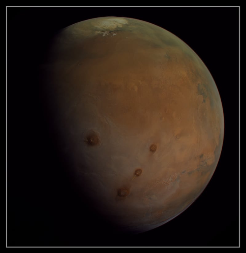 Olympus Mons and the Tharsis Montes region is visible in this photo, captured sometime between May and August, 2021. Photo: Hope Mars Mission / Stuart Atkinson