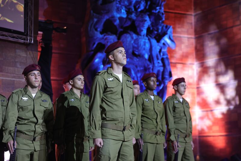 Israeli soldiers at the official state opening ceremony at the Yad Vashem Holocaust Memorial Museum in Jerusalem. EPA