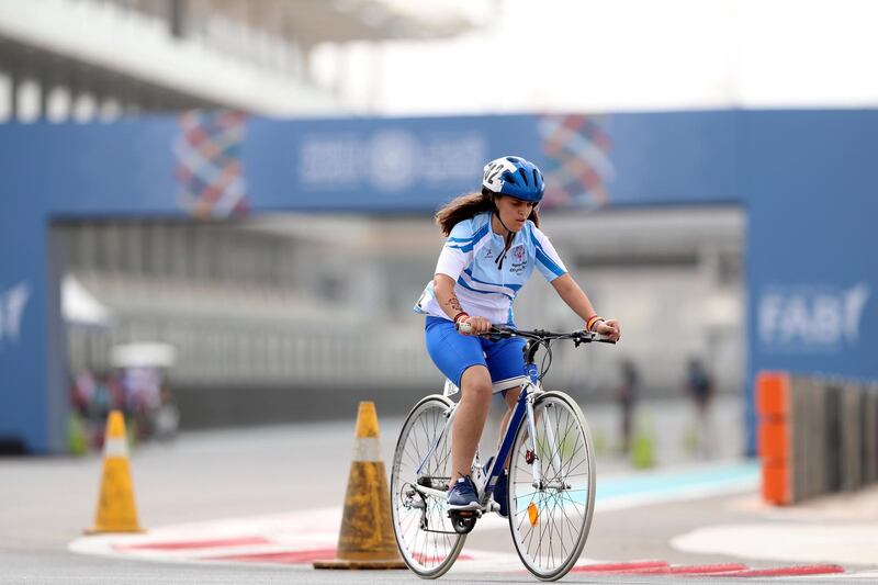 Abu Dhabi, United Arab Emirates - March 17, 2019: Ilektra Zampania of Hellas competes in the 5km time trial during the cycling at the Special Olympics. Sunday the 17th of March 2019 Yas Marina Circuit, Abu Dhabi. Chris Whiteoak / The National