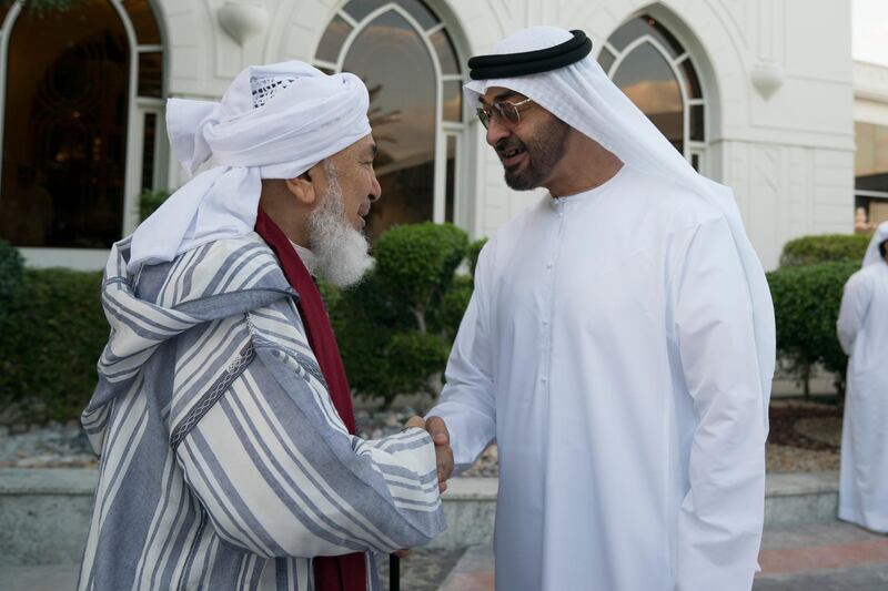 ABU DHABI, UNITED ARAB EMIRATES - December 11, 2017: HH Sheikh Mohamed bin Zayed Al Nahyan, Crown Prince of Abu Dhabi and Deputy Supreme Commander of the UAE Armed Forces (R) receives HE Shaykh Abdallah bin Bayyah (L), during a Sea Palace barza.

( Mohamed Al Hammadi / Crown Prince Court - Abu Dhabi )
---