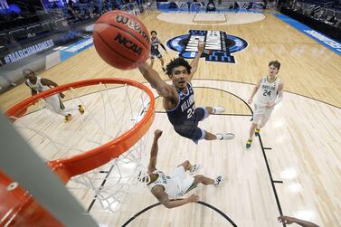 INDIANAPOLIS, INDIANA - MARCH 27: Jermaine Samuels #23 of the Villanova Wildcats goes up for a dunk against the Baylor Bears in the first half of their Sweet Sixteen game of the 2021 NCAA Men's Basketball Tournament at Hinkle Fieldhouse on March 27, 2021 in Indianapolis, Indiana. Andy Lyons/Getty Images/AFP == FOR NEWSPAPERS, INTERNET, TELCOS & TELEVISION USE ONLY ==