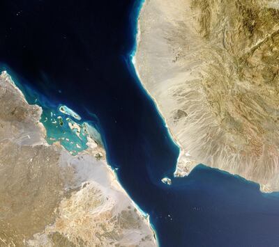 BAB-EL-MANDEB, YEMEN  MARCH 28 (SOUTH AFRICA OUT): A Natural satellite view of the Bab el-Mandeb Strait on March 28, 2015 in Bab el-Mandeb, Yemen. The Bab el-Mandeb Strait is located between Yemen and Djibouti, north of Somalia in the Horn of Africa, connects the Red Sea to the Gulf of Aden. The strait is of strategic importance of the Suez Canal shipping route and considered as one of the world's oil transit chokepoints. Bab el-Mandeb is heavily protected due to its vulnerability to maritime piracy. (Photo by USGS/NASA Landsat/Orbital Horizon/Gallo Images/Getty Images)
