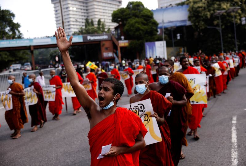 Members of the Inter University Students' Federation demand for Sri Lanka's President Gotabaya Rajapaksa to resign, amid the country's economic crisis, in Colombo. Reuters