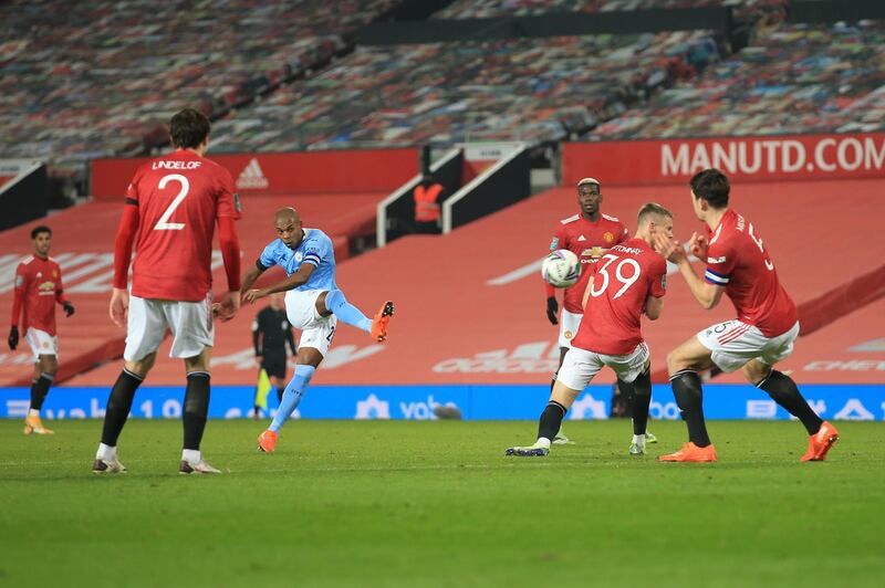MANCHESTER, ENGLAND - JANUARY 06: Fernandinho of Man City shoots during the Carabao Cup Semi Final match between Manchester United and Manchester City at Old Trafford on January 6, 2021 in Manchester, England. (Photo by Simon Stacpoole/Offside/Offside via Getty Images)