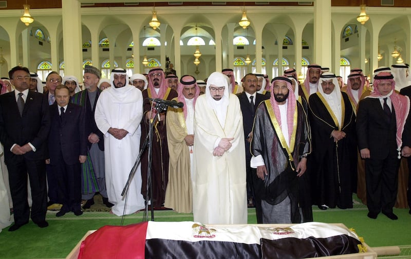 Leaders and officials at funeral prayers for Sheikh Zayed, the Founding Father, at Abu Dhabi's Sultan bin Zayed Mosque on November 3, 2004. AFP