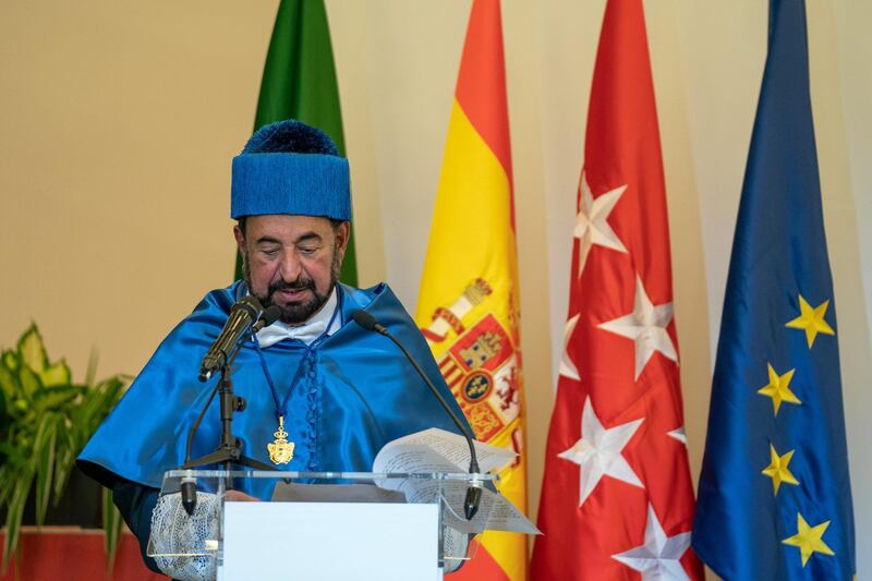 Sheikh Dr Sultan bin Muhammad Al Qasimi makes a speech after receiving an honorary doctorate from the Universidad Autónoma de Madrid (Autonomous University of Madrid) for his cultural achievements. Courtesy Sharjah Media Office
