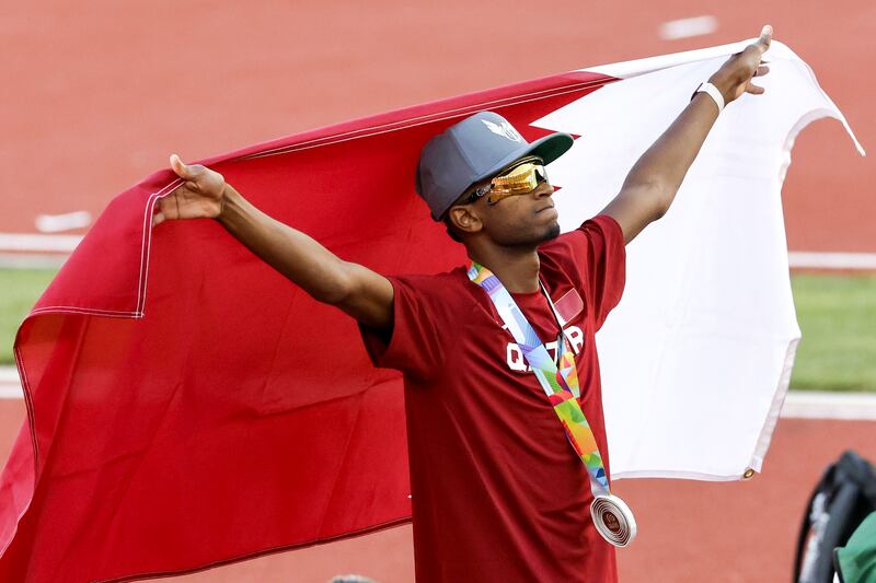 Mutaz Barshim celebrates after winning the men's high jump final at the World Athletics Championships at Hayward Field in Eugene, Oregon, USA, on July 18 2022. EPA