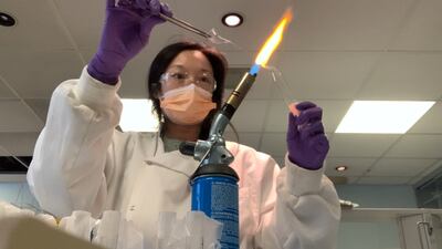 Queenie Chan flame at work in her laboratory. Photo: Queenie Chan / Royal Holloway University of London