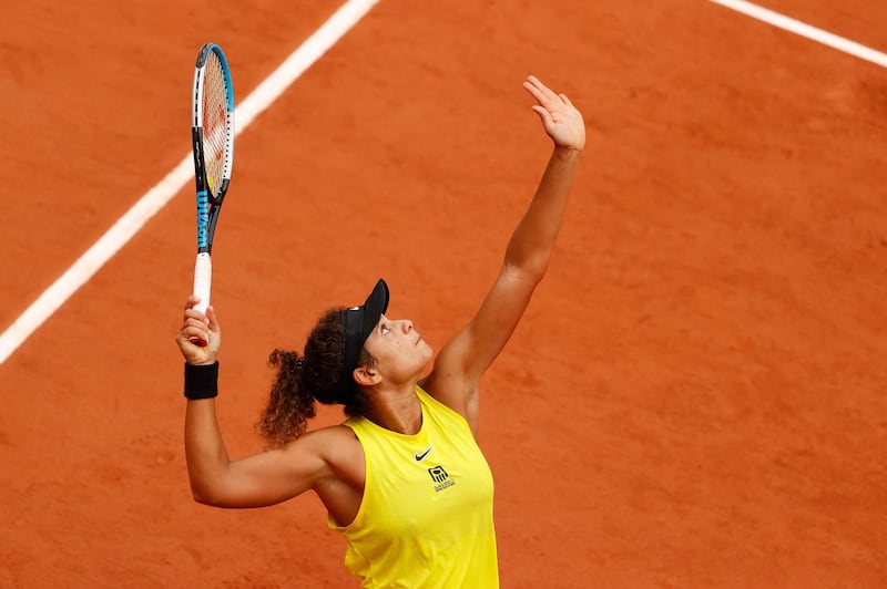 PARIS, FRANCE - SEPTEMBER 29: Mayar Sherif of Egypt serves during her Women's Singles first round match against Karolina Pliskova of Czech Republic on day three of the 2020 French Open at Roland Garros on September 29, 2020 in Paris, France. (Photo by Clive Brunskill/Getty Images)