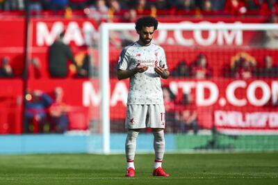 MANCHESTER, ENGLAND - FEBRUARY 24: Mohamed Salah of Liverpool prays during the Premier League match between Manchester United and Liverpool FC at Old Trafford on February 24, 2019 in Manchester, United Kingdom. (Photo by Robbie Jay Barratt - AMA/Getty Images)