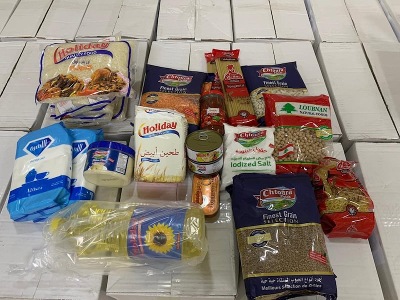 The food boxes contain non-perishable items such as cooking oil, lentils and canned sardines. Courtesy Nour Bassam.