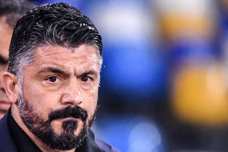 Napoli's Italian head coach Gennaro Gattuso looks on during the Italian Serie A football match Napoli vs Juventus on January 26, 2020 at the San Paolo stadium in Naples. (Photo by Alberto PIZZOLI / AFP)